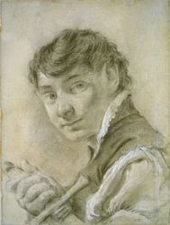 Porträtt av en ung man som håller i ett svärd, ca 1735 (svartvit krita med kol på papper)