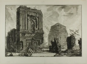A. Utsikt över Licinianus Piso-graven på den antika vägen via Appia... B. Cornelii-graven..., från utsikt över Rom