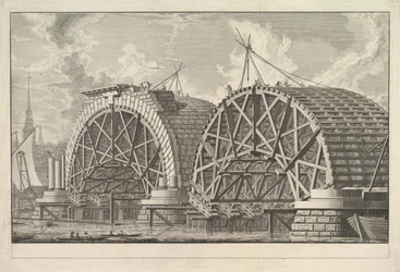 En vy av en del av den tänkta bron vid Blackfriars, London, ca. 1764.