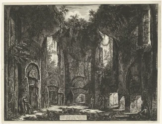 Akademien i de Villa Adriana t och Tivoli Diet, eller båda Plats som ger ingång till flera storslagna skåp, och till andra magnifika rum, som finns i Villa Adrian (...) (titel på objektet) Gezichten op Rome (serietitel) Vy över Rom tecknade och graverade