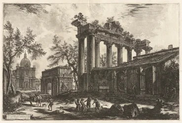 Altra Veduta degli avanzi del Pronao del Tempio del Concordia (En annan vy av resterna av Pronaos av Concordtemplet [Saturnustemplet med Septimius Severus båge i vänster bakgrund]), från Vedute di Roma (Utsikt över Rom)