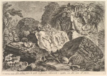 Forntida altare på vilket offer utfördes i antiken, omgivet av andra rui..., ca. 1750.