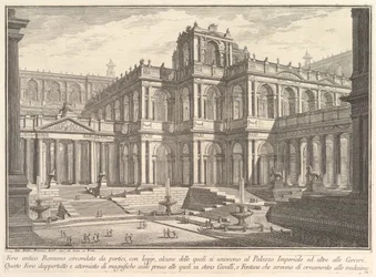 Forntida romersk forum omgivet av portiker, med loggier, av vilka några kommunicerar med..., ca. 1750.