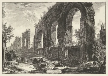 Aquaduct van Nero te Rome Rester av de neronska akvedukterna som de ville förstöra för sin ålderdom (...) (titel på objekt) Gezichten op Rome (serietitel) Utsikt över Rom designad och graverad av Giambattista Piranesi-arkitekten Ve (nez) iano (ser)