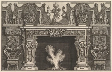 Fågel i skal i mitten av överliggaren, med en fris av troféer, övervunnen av en..., 1769 .