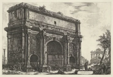 Boog van Septimius Severus i Rom Utsikt över Septimius Severus båge (titel på objekt) Gezichten op Rome (serietitel) Utsikt över Rom designad och graverad av Giambattista Piranesi-arkitekten Ve (nez) iano (serietitel)