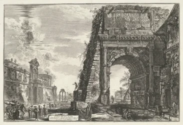 Boog van Titus i Rom Utsikt över Titusbågen (titel på objekt) Gezichten op Rome (serietitel) Utsikter över Rom tecknade och graverade av Giambattista Piranesi-arkitekten Ve(nez)iano (serietitel)