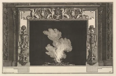Skorstensstycke: Affronterade griffons på överliggaren och kandelabrar på karmen Ch. accomp..., ca. 1769.