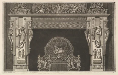 Skorstensstycke: Fris av troféer och bevingade segrar på överliggaren, med ymnighetshorn ..., ca. 1769.