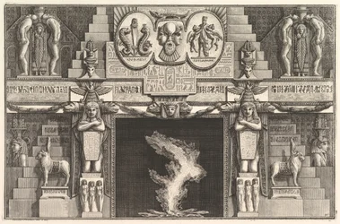 Skorstensstycke i egyptisk stil: Grupper om tre kvinnliga nakenbilder vid basen av varje j..., ca. 1769.