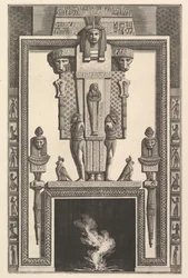 Skorstensstycke i egyptisk stil: Mumie överlagd på en stor karyatid ovanför linte..., 1769.