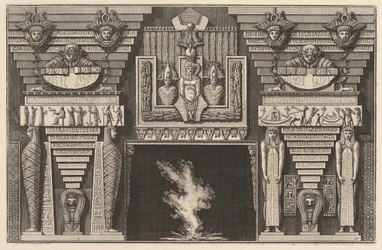 Skorstensstycke i egyptisk stil: Två mumier i profil till vänster och två figurer..., ca. 1769.