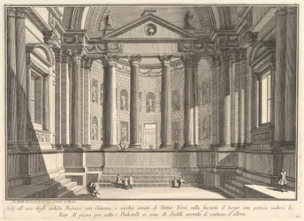 Kolonnadshall enligt de gamla romarnas sed, och nischer prydda med..., ca. 1750.