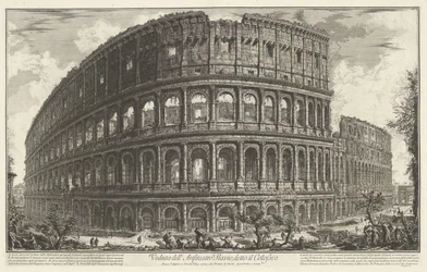 Colosseum te Rom Utsikt över den flaviska amfiteatern, känd som Colosseum (titel på objektet) Gezichten op Rome (serietitel) Utsikt över Rom designad och graverad av Giambattista Piranesi-arkitekten Ve (nez) iano (serietitel)