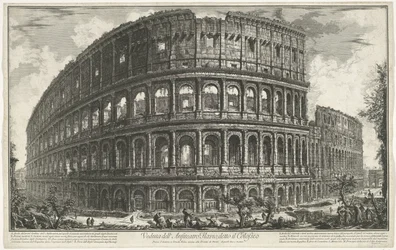 Colosseum te Rom Utsikt över den flaviska amfiteatern, känd som Colosseum (titel på objektet) Gezichten op Rome (serietitel) Utsikt över Rom designad och graverad av Giambattista Piranesi-arkitekten Ve (nez) iano (serietitel)