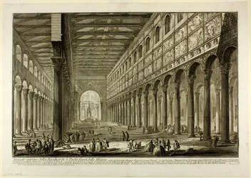 Utskuren vy av det inre av basilikan S. Paolo fuori delle Mura [St. Paul utanför murarna], från Views of Rome