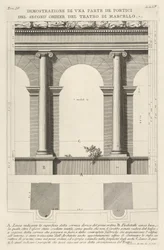 Höjd och plan över den andra ordningens portik vid Marcellus Teatro di Marc..., 1756.
