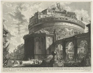 Engelenburcht te Rom Utsikt över Elio Adrianos mausoleum (nu kallat Castello S. Angelo) på motsatt sida av fasaden inuti slottet (titel på objektet) Gezichten op Rome (serietitel) Vy över Rom tecknade och graverade av Giambattista Piranes