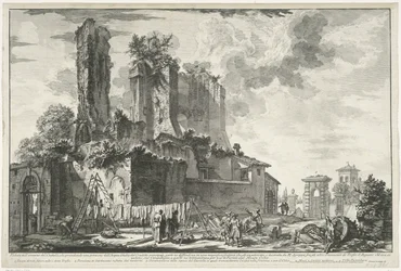 Fontänen Acqua Giulia te Rome Utsikt över resten av slottet, som tar en del av Acqua Giuli (...) (titel på objektet) Gezichten op Rome (serietitel) Utsikter över Rom tecknade och graverade av Giambattista Piranesi-arkitekten Ve(nez)iano (s