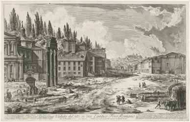 Forum Romanum med de Tempel van Jupiter Stator te Rome Utsikt över platsen, där det antika Forum Romanum låg (titel på objekt) Gezichten op Rome (serietitel) Utsikt över Rom designad och graverad av Giambattista Piranesi-arkitekten Ve (nez) iano (serietite