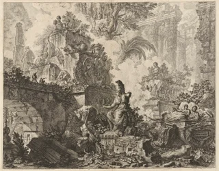 Frontispice, Fantasy of Ruins med en staty av Minerva i mitten av förgrunden, från Vedute di Roma (Utsikt över Rom)
