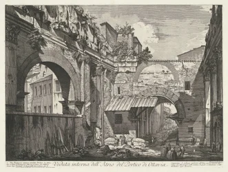 Interieur van de Porticus van Octavia i Rom Invändig vy av Atrium of Portico of Octavia (titel på objekt) Gezichten op Rome (serietitel) Utsikt över Rom designad och graverad av Giambattista Piranesi-arkitekten Ve (nez) iano (serietitel)