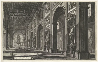 Interieur van de Sint-Jan van Lateranen te Rom Interiörvy av basilikan S. Giovanni Laterano (titel på objektet) Gezichten op Rome (serietitel) Utsikt över Rom designad och graverad av Giambattista Piranesi-arkitekten Ve (nez) iano (serietitel)