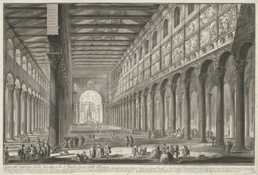 Interieur van de Sint-Paulus utanför de Muren te Rom Interiörvy av basilikan S. Paolo fuori delle Mur (...) (titel på objektet) Gezichten op Rome (serietitel) Utsikt över Rom designad och graverad av Giambattista Piranesi-arkitekten Ve (nez) iano