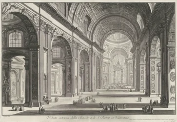 Interieur van de Sint-Pietersbasiliek te Vaticaanstad Invändig vy av Peterskyrkan i Vatikanen (titel på objektet) Gezichten op Rome (serietitel) Utsikt över Rom tecknad och graverad av Giambattista Piranesi-arkitekten Ve(nez)iano (serie ti