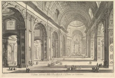 Invändig vy av St. Peters Basilica i Vatikanen, från Vedute di Roma Roman Views, ca. 1748.