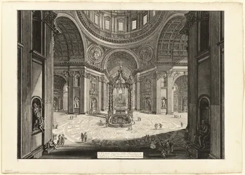 Interiörvy av Peterskyrkan i Vatikanen, nära tribunen, från Views of Rome
