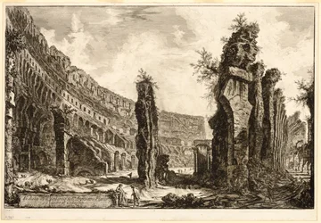 Interiörvy av den flaviska amfiteatern, kallad Colosseum, från utsikt över Rom