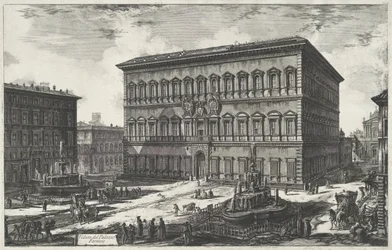 Palazzo Farnese i Rom Utsikt över Palazzo Farnese (titel på objekt) Gezichten op Rome (serietitel) Utsikt över Rom designad och graverad av Giambattista Piranesi-arkitekten Ve (nez) iano (serietitel)
