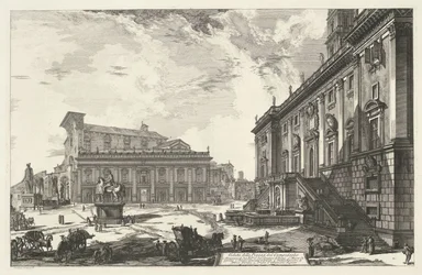 Piazza del Campidoglio i Rom Utsikt över Piazza del Campidoglio (titel på objekt) Gezichten op Rome (serietitel) Utsikt över Rom designad och graverad av Giambattista Piranesi-arkitekten Ve (nez) iano (serietitel)