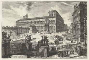 Piazza del Quirinale i Rom Utsikt över Piazza di Monte Cavallo (titel på objekt) Gezichten op Rome (serietitel) Utsikt över Rom designad och graverad av Giambattista Piranesi-arkitekten Ve (nez) iano (serietitel)