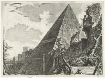Piramide van Cestius i Rom Pyramid of C. Cestio (titel på objekt) Gezichten op Rome (serietitel) Utsikt över Rom designad och graverad av Giambattista Piranesi-arkitekten Ve (nez) iano (serietitel)