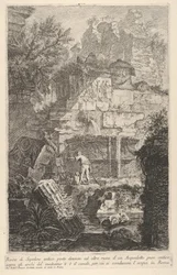 Plåt 6: Ruinerna av en forntida grav framför ruinerna av en gammal akvedukt, ovanför bågen..., 1743.