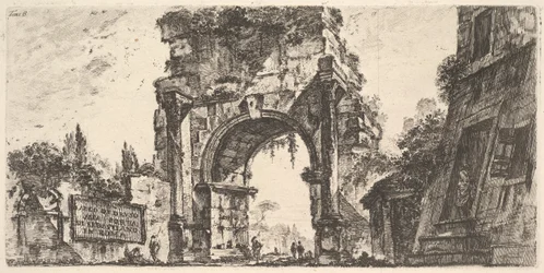 Plåt 8: Drusus båge vid Porta S. Sebastiano i Rom Arco di Drusus vid Porta d ..., ca. 1748.