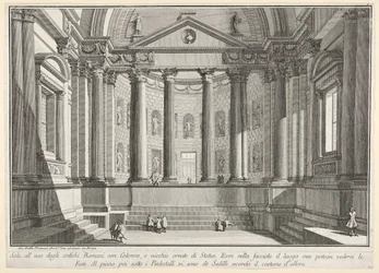 Platta 9: Kolonnadshall enligt de gamla romarnas sed, och nischer pryder..., 1743.