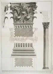 Platta LXXXIV-V Demonstration i stor skala av en del av Pantheons portik från Vedute, första gången publicerad 1756, utgiven av E und F.N. Spon Ltd., 1900.