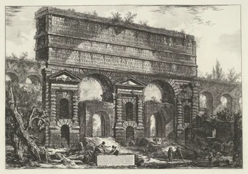 Porta Maggiore i Rom Utsikt över monumentet som restes av kejsar Titus Vespasianus (...) (titel på objektet) Gezichten op Rome (serietitel) Utsikt över Rom designad och graverad av Giambattista Piranesi-arkitekten Ve (nez) iano (serietitel)