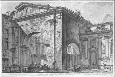 Porticus van Octavia i Rom Utsikt över Atrium i Portico of Octavia (titel på objekt) Gezichten op Rome (serietitel) Utsikt över Rom designad och graverad av Giambattista Piranesi-arkitekten Ve (nez) iano (serietitel)