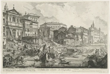 Hamnen i Ripetta te Rom Utsikt över hamnen i Ripetta (titel på objekt) Gezichten op Rome (serietitel) Utsikt över Rom designad och graverad av Giambattista Piranesi-arkitekten Ve (nez) iano (serietitel)
