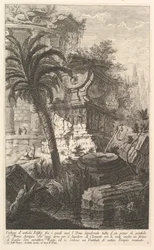 Rester av antika byggnader, bland vilka står Marcus Agrippas gravurna, ca. 1750.