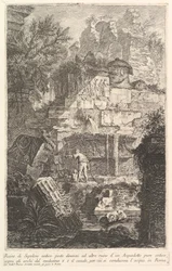 Ruinerna av en gammal grav framför ruinerna av en gammal akvedukt Ruine di Sepolcro a..., ca. 1750.
