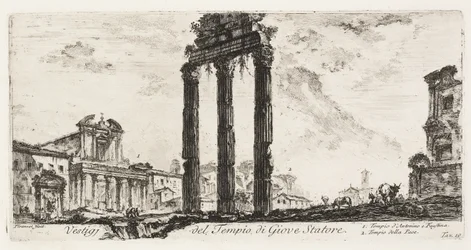 Ruinerna av Temple of Jupiter Stator [Jupiter the Supporter]. 1. Antoninus och Faustinas tempel. 2. Fredens tempel, skylt 10 från Some Views of Triumphal Arches and other monuments