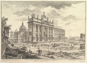 S. Giovanni in Laterano, huvudfasad, med Palace och Scala Santa till höger Veduta..., ca. 1749.