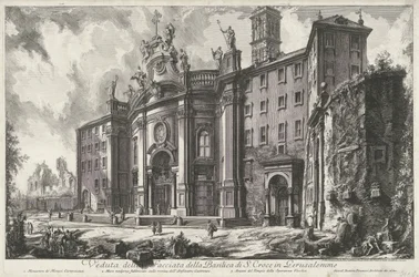 Santa Croce i Gerusalemme te Rom Vy över fasaden av basilikan S. Croce i Gerusalemme (titel på objektet) Gezichten op Rome (serietitel) Utsikt över Rom designad och graverad av Giambattista Piranesi-arkitekten Ve (nez) iano (serietitel)