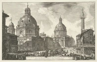 Santa Maria di Loreto en de Santissimo Nome di Maria te Rom Utsikt över de två kyrkorna (...) (titel på objekt) Gezichten op Rome (serietitel) Utsikt över Rom designad och graverad av Giambattista Piranesi-arkitekten Ve (nez) iano (serietitel)