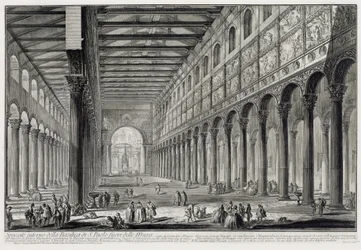 Genomskärning av interiören i basilikan San Paolo fuori le Mura (ur: Vedute di Roma)